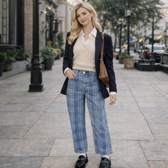 Levi's Denim - Levi's Wedgie Straight Plaid Jeans Size 26 Blue Check High Rise Academia